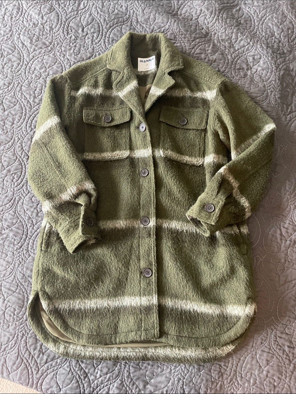 Old Navy Olive Green Plaid Button-Up Shacket with Ivory Stripes
